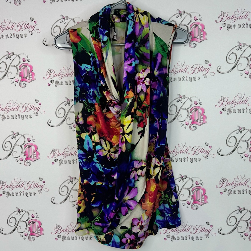 Laura tank top multicolor flowers swoop neck top Floral Sleeveless Women's Top